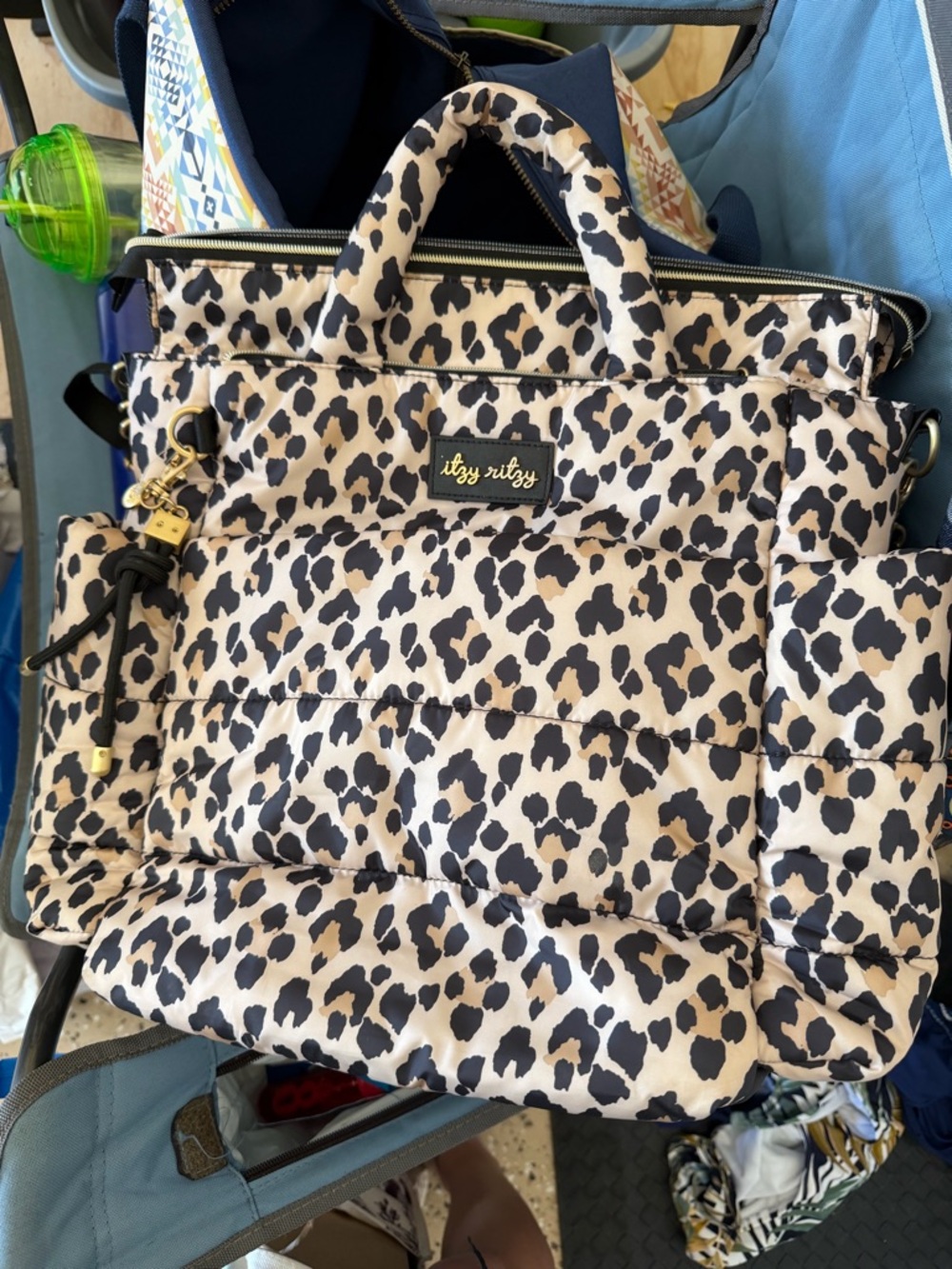 Itzy Ritzy Leopard Print Puffer Tote - Beige Black